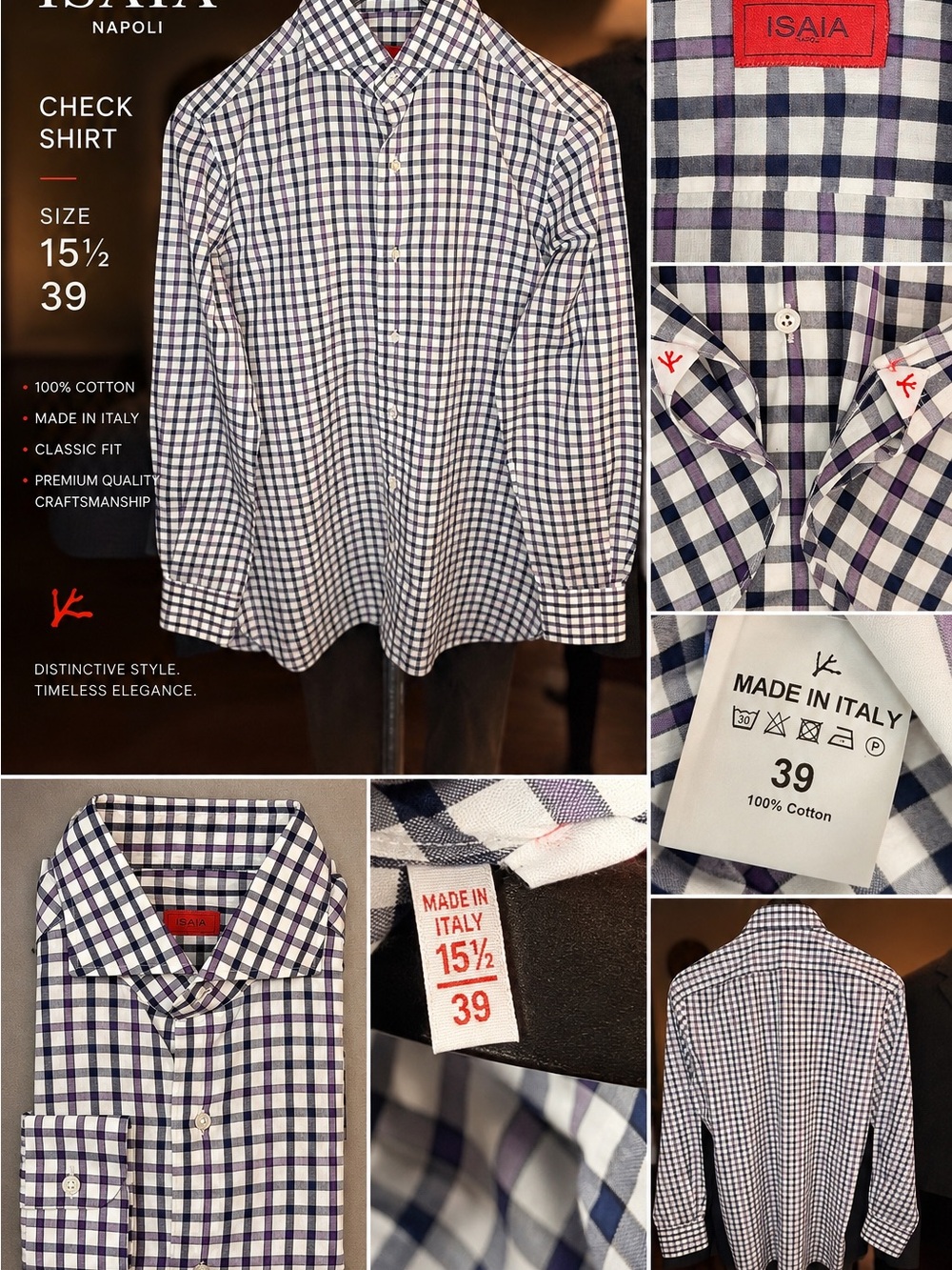 Isaia Navy and White Checked Cotton Dress Shirt Sz. 15 1/2 - 39